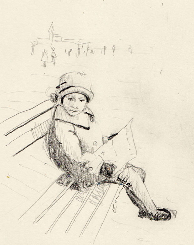 child on a bench, pencil on paper