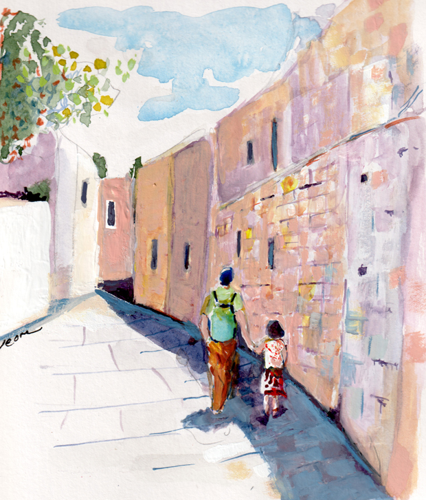 stroll in Jerusalem, gouache and watercolor
