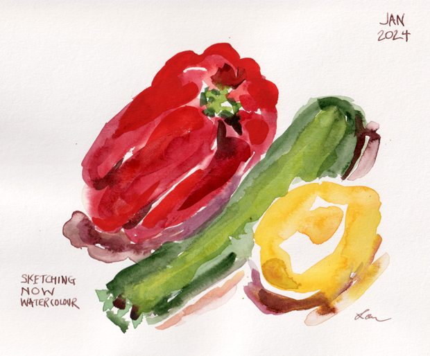 red pepper, zucchini, and lemon, watercolor on paper