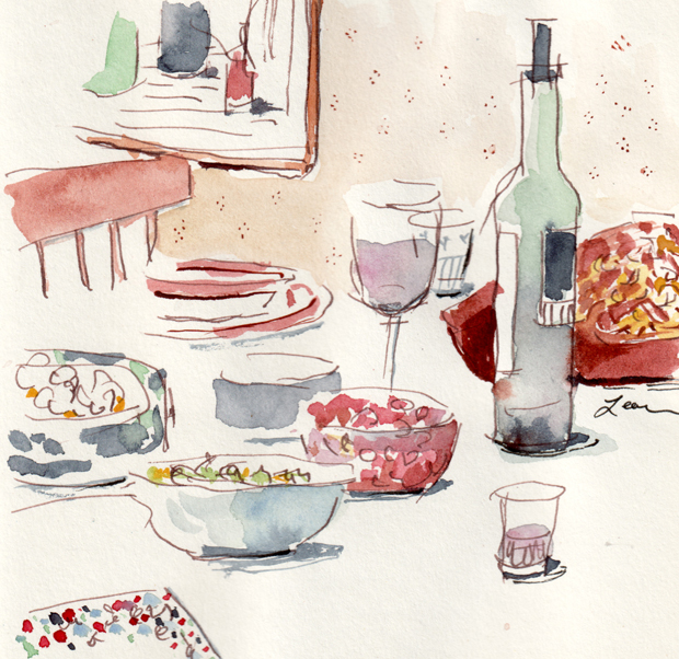 Shabbat table, wine bottle and glass, bowls of food, painting
