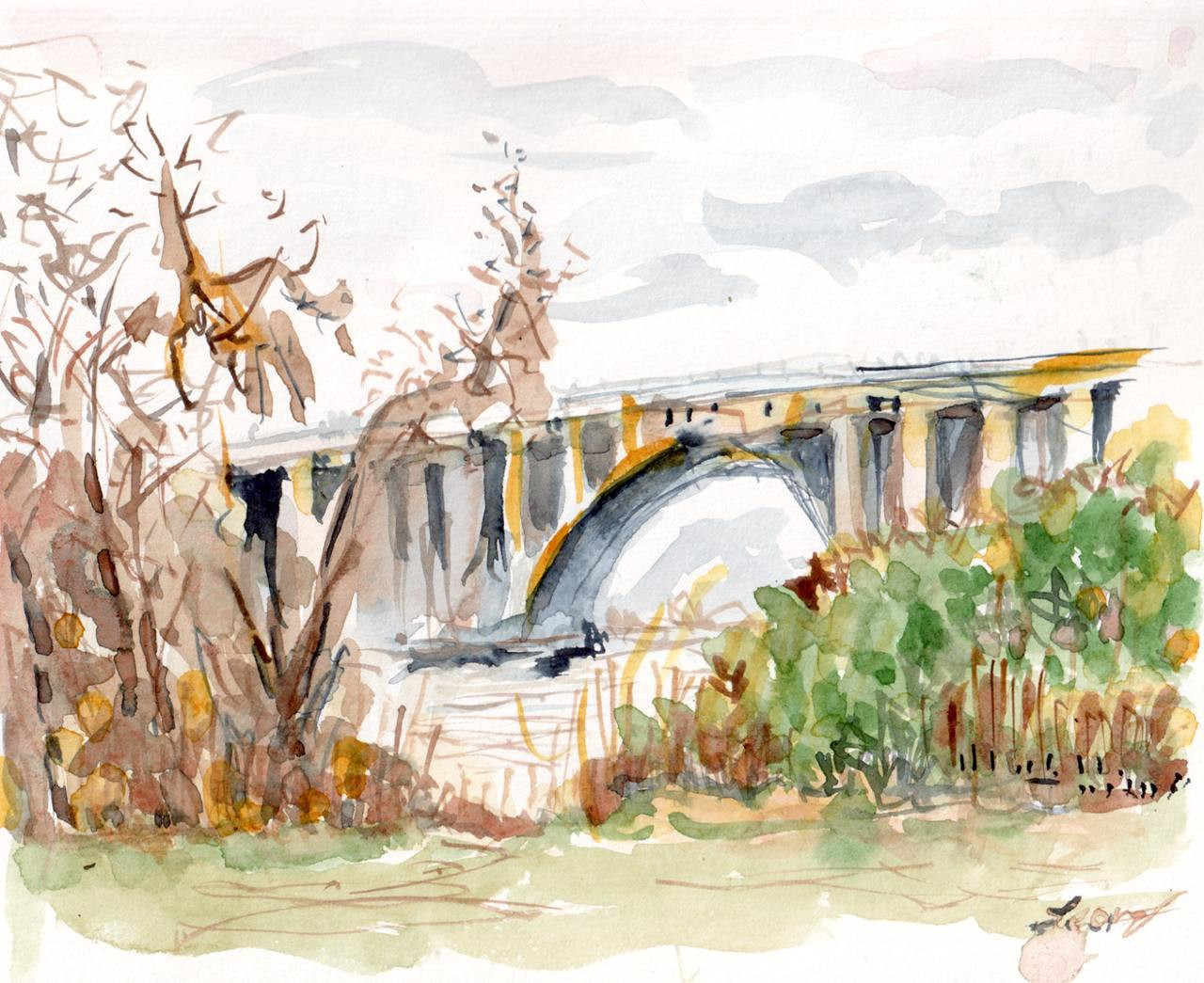 Goodkind bridges viewed from Donaldson Park, watercolor