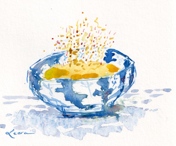 chicken beef soup in a blue and white ceramic bowl, watercolor