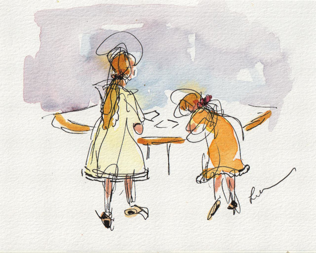 Two girls drawing, ink and watercolor