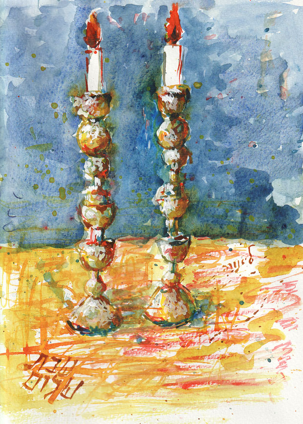 candlesticks on a table, watercolor and gouache