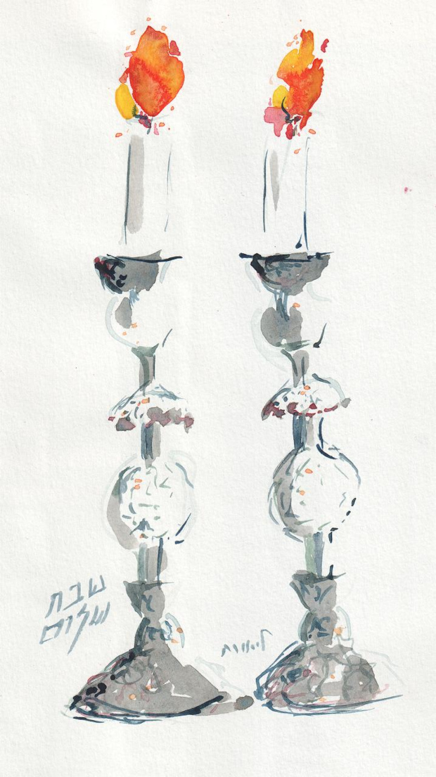 candlesticks with colorful flames, watercolor