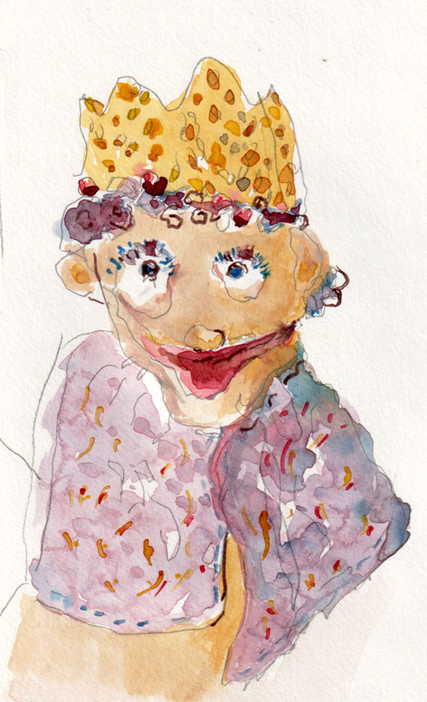 Esther the queen puppet, watercolor and ink