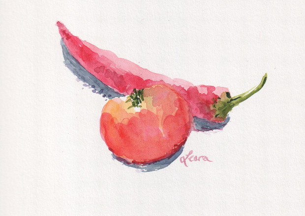 tomato and cayenne pepper, watercolor