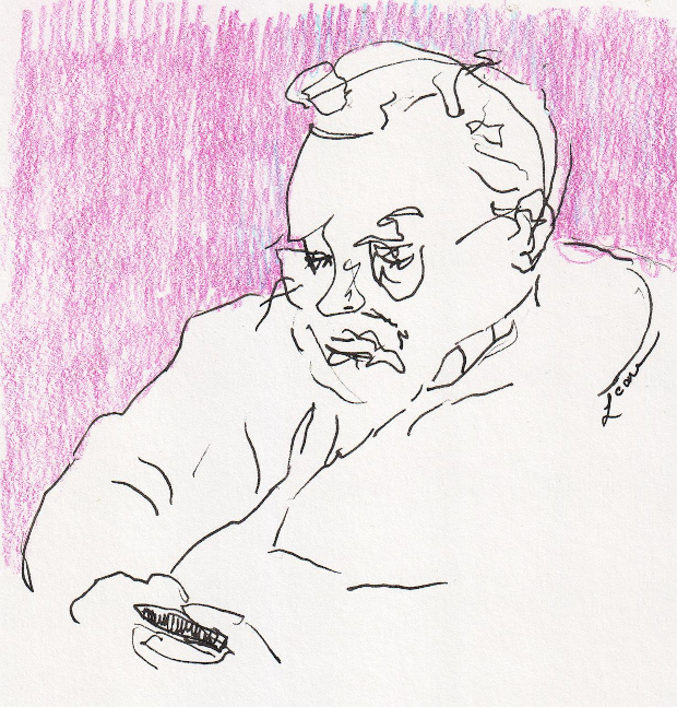 Man waiting for an appointment, looking at his phone, ink and colored pencil
