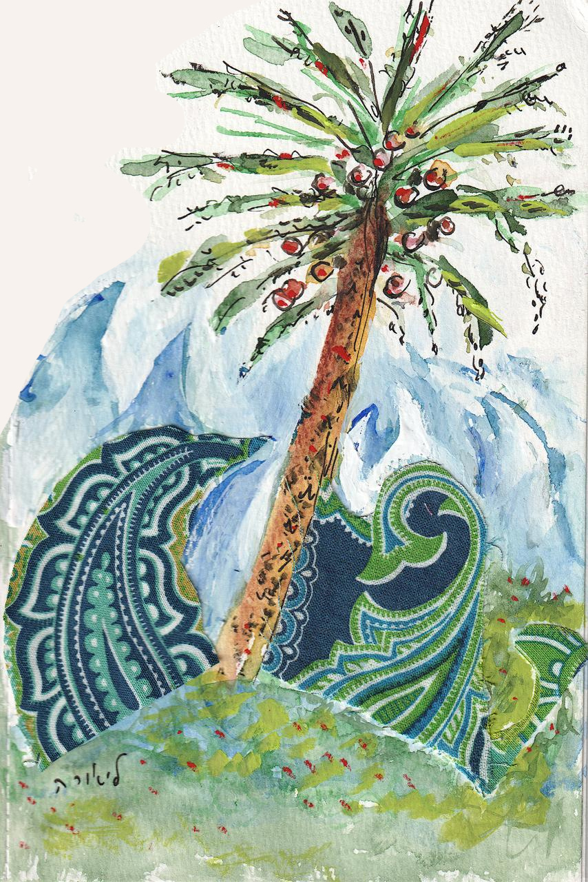 Palm tree with fabric, watercolor, gouache "And they came to Elim, where there were twelve springs of water and seventy palm trees" Exodus 15:27