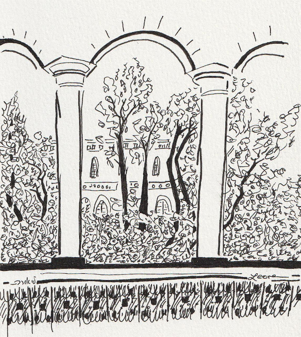 Arched windows with a view of trees, bushes, and an old Jerusalem building, ink on paper.