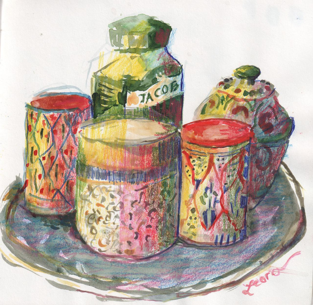 Still life, Way Inn, Tsefat, Israel. Watercolor pencils, watercolor, and ballpoint pen.