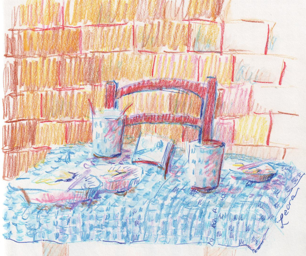 Breakfast at Little House in Bakah, Jerusalem, Israel. Colored pencil and ballpoint pen.