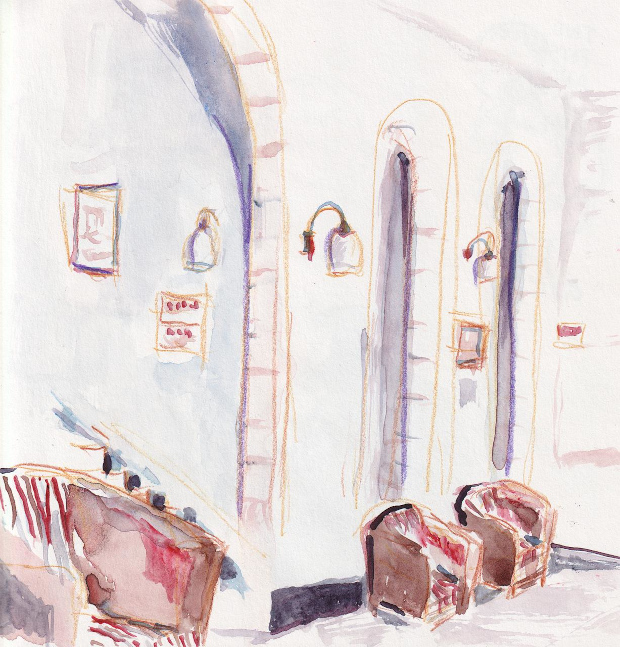 Lobby in Little House in Bakah, Jerusalem, Israel. Watercolor and colored pencil.