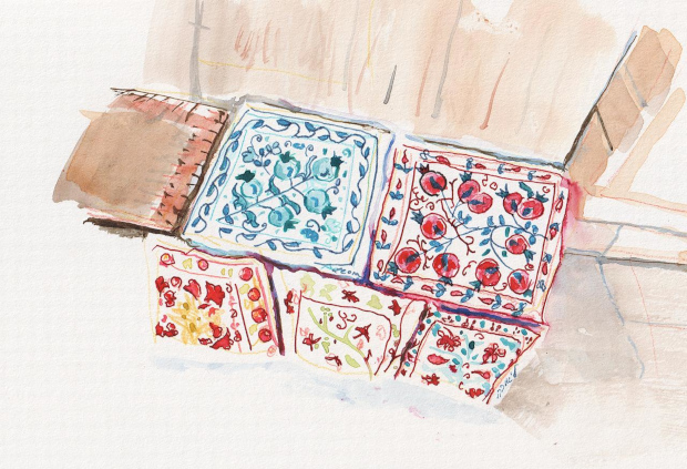 Pillows with pomegranates in the Armenian Quarter of the Old City of Jerusalem, Israel. Watercolor, ink, and colored pencil.