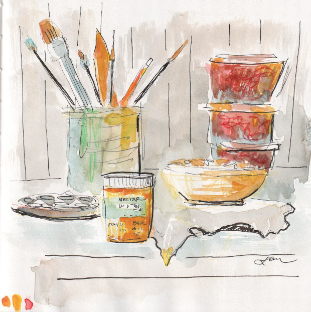 Pottery supplies, ink, colored pencil, watercolor.