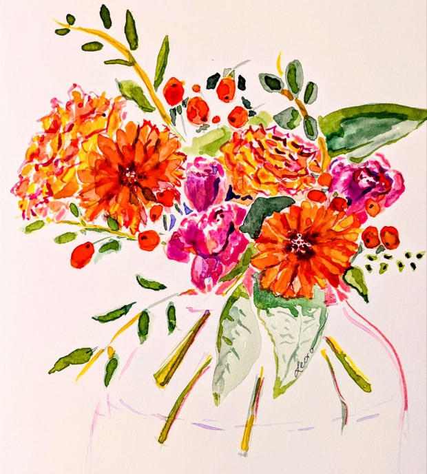 bouquet with orange roses, Gerbera daisies. Watercolor.