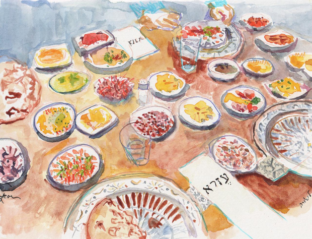 Salads at the Ezra Restaurant in Jerusalem.  Watercolor and colored pencils.