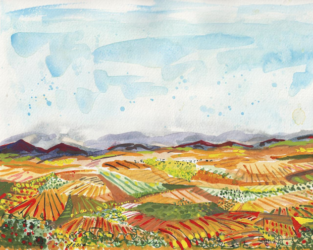 Fields with mountains and sky. Gouache, watercolor, and ink.