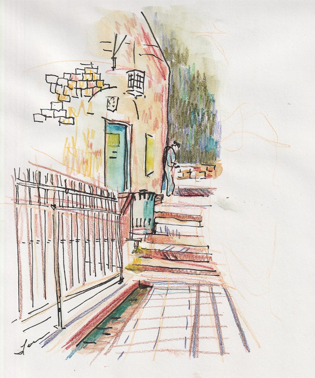 At the base of the windmill in Jerusalem, Israel. Colored pencil and ink.
