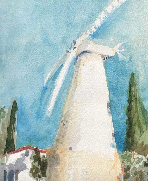 Windmill in Jerusalem, Israel. Watercolor.