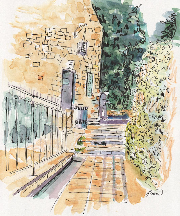 At the base of the windmill in Jerusalem, Israel. Watercolor and ink.