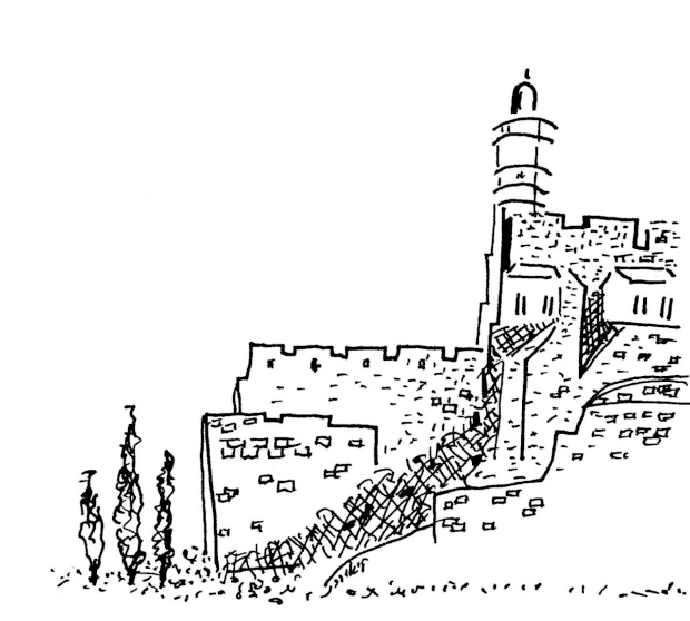 Jerusalem Old City, imaginary scene. Ink.