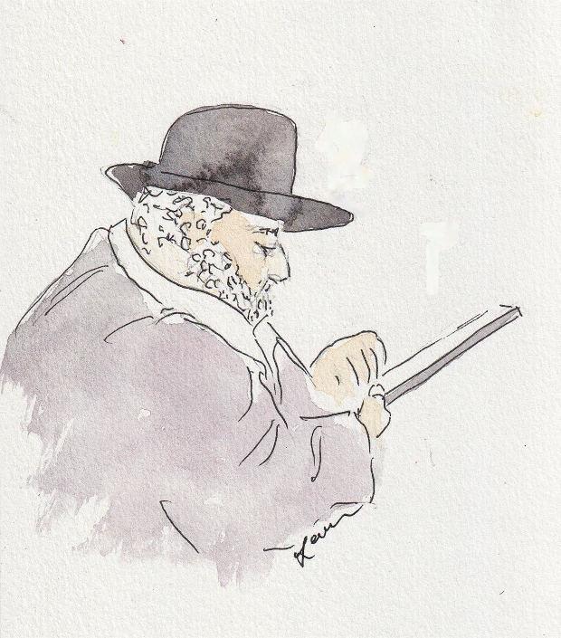 Bearded man in a hat completes a form. Ink, watercolor, and pencil.