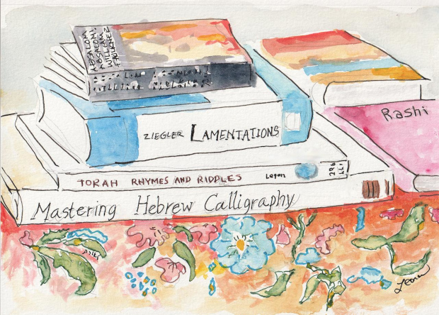 Books on my table: Mastering Hebrew Calligraphy, Torah Riddles and Rhymes, Lamentations, Absalom, Absalom! on patterned tablecloth. Watercolor, ink, and pencil.