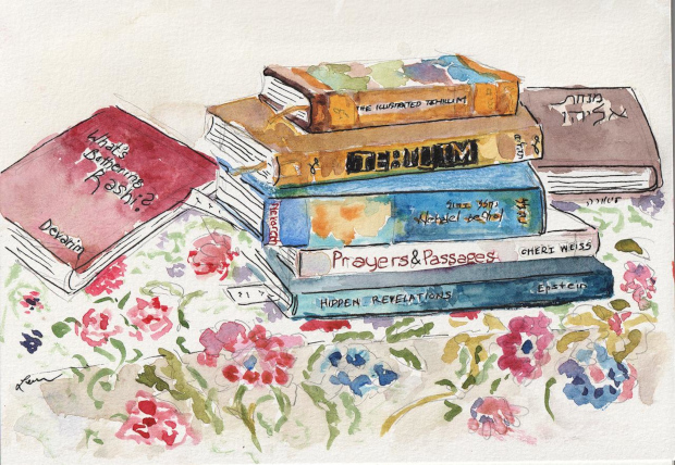 Books on a flowered table. What’s Bothering Rashi, Devarim. The Illustrated Tehillim. Tehillim (a big print edition). A siddur for weekdays with beautiful photos of Eretz Yisrael. Prayers & Passages by Cheri Weiss. Hidden Revelations by Elli Epstein. Minḥat Eliyahu by Rav Eliyahu Tal. Watercolor, pencil, and pen.