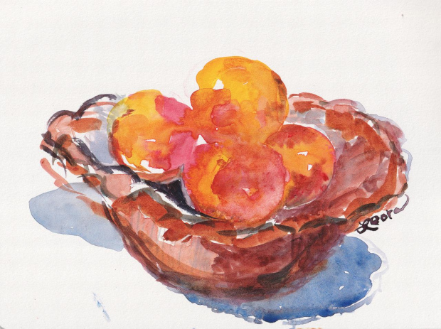 Peaches in a bowl. Watercolor.