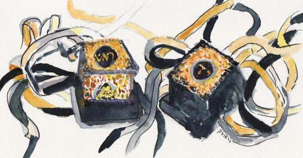 Tefillin shel yad v’shel rosh. Watercolor, ink, colored pencil, and gouache.