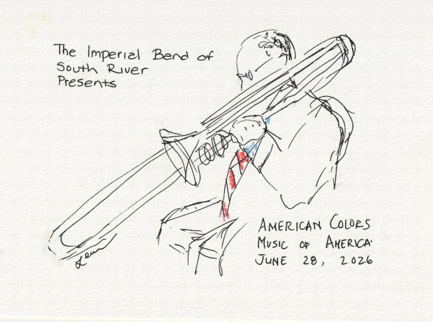 Trombone player, Imperial Band of South River. American Colors, Music of America, presented on June 28, 2026. Ink and colored pencil.