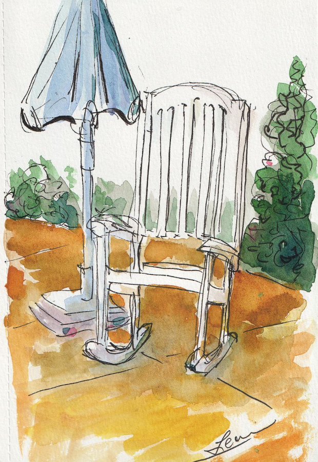 White rocking chair near blue umbrella. Ink and watercolor.