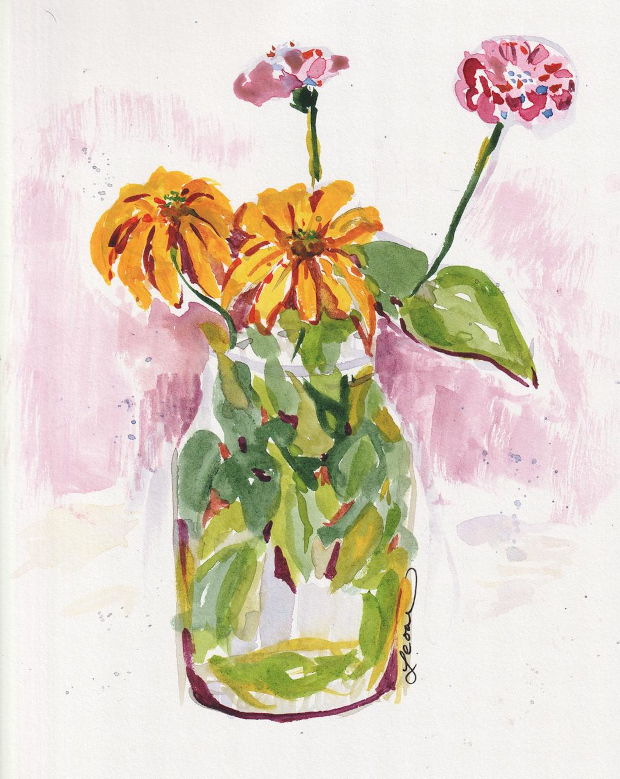 Flowers for Shabbat. Zinnia and Heliopsis helianthoides from my garden. Watercolor.