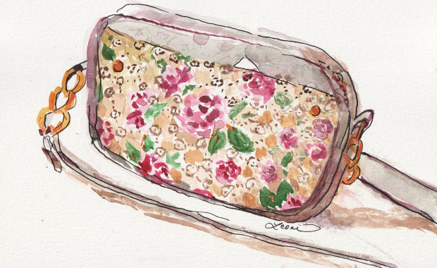 Pink purse with front pocket, shoulder length straps, and snazzy hardware. Watercolor and ink.