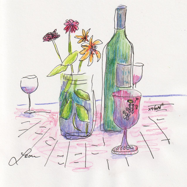 Shabbat table: flowers, wine, kiddush cup, and glasses. Colored pencil and ink.