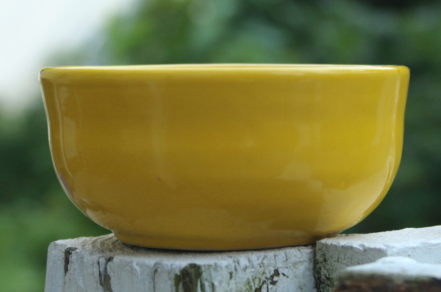 yellow bowl on a fence
