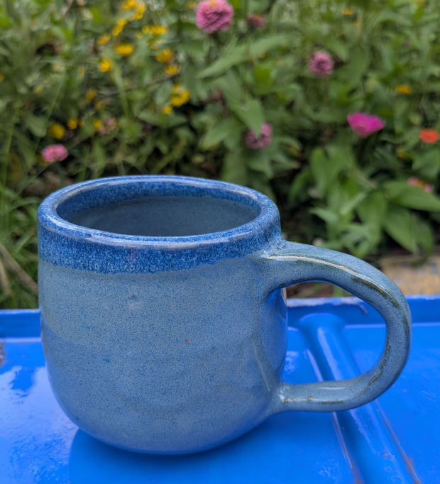 blue mug in the garden