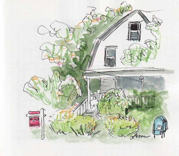 House for sale. Ink, colored pencil, and watercolor.