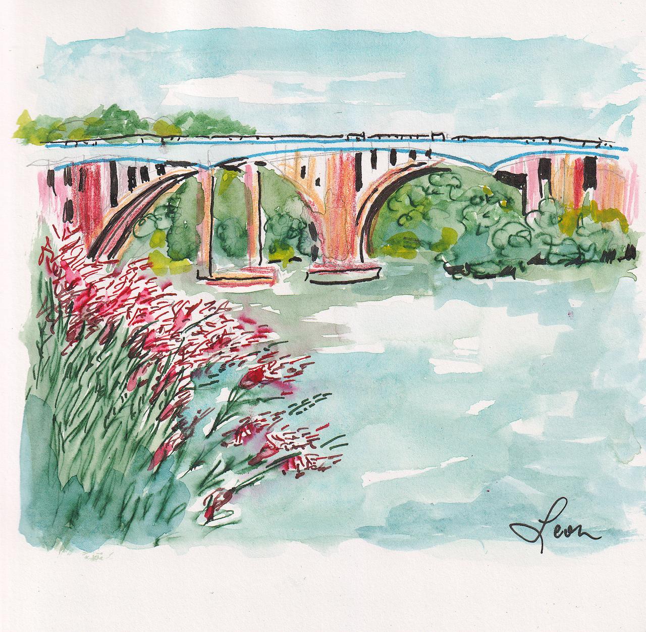 Bridge over the Raritan River. The Donald and Morris Goodkind Bridges cross the Raritan River near Donaldson Park in Highland Park, NJ. Ink, watercolor, and colored pencil.
